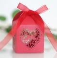 Red laser-cut bird heart paper favor box with a satin ribbon bow for wedding parties - Pearlescent Red