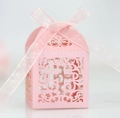 Pink laser-cut candy box with cross hollow pattern and ribbon for wedding favors - Pink