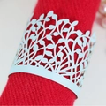 Laser cut leaf pattern white napkin ring accessory on a red knitted fabric napkin - Pearl Pale Blue