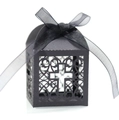 Détail de la boîte cadeau noire découpée au laser avec motif de croix et nœud en satin - Noir Kaki