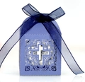 Detailed laser-cut blue wedding favor box with cross design and satin ribbon bow - Sapphire Blue