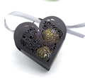 Elegant black heart-shaped laser-cut gift box with floral patterns and silver ribbon - Black Khaki