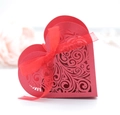 Elegant red heart-shaped laser-cut favor box with decorative ribbon for weddings - Pearlescent Red