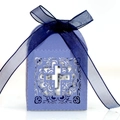 Purple hollow favor box with cross design and navy blue organza ribbon for weddings - Sapphire Blue
