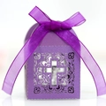 Elegant purple hollow cross candy box with laser-cut lace and silk ribbon bow - Dark Purple
