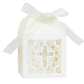 White laser-cut cross favor box with delicate ribbon bow for wedding or baptism - Ivory