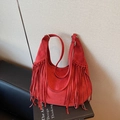 Retro red suede hobo bag with long fringes and adjustable shoulder strap for women - Red
