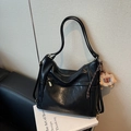 Fashionable black large capacity Hobo bag with soft leather texture and plush charm - Black with Pendant