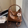 Brown vintage faux leather tote bag with plush sheep charm and gold hardware - Brown with Pendant