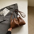 Brown leather bucket bag with drawstring closure and gold chain charm detail - Coffee (No Pendant)