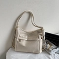 Minimalist cream white large capacity leather tote bag in a modern aesthetic office setting - Off-white Without Pendant