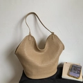 Bolso tote de cuero tejido kaki con asa integrada y gran capacidad de estilo casual - Caqui