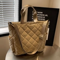 Khaki quilted tote bag with large capacity and adjustable strap in minimalist style - Khaki