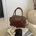 Dark brown faux leather Boston bowling bag with spherical handle detail and strap - No Pendant / Brown