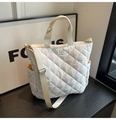 Quilted white tote bag with diamond pattern and adjustable strap for women - White