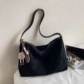 Large black faux suede hobo bag with zip closure and cute plush monster keychain - Black with Pendant