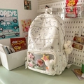 Zaino scolastico bianco con stelle, tasca trasparente e ciondolo di peluche - Bianco con ciondolo