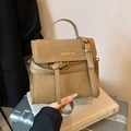 Retro khaki frosted crossbody bag with top handle and golden brand logo detail - Khaki