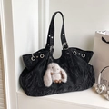 Large black tote bag with crinkled texture, adjustable silver buckles and plush rabbit charm - Black with Pendant