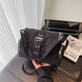 Fashionable black nylon crossbody bag with silver buckle and functional metal details - Black