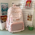 Pink student backpack featuring blue and white star patterns and pink mesh pockets - Pink Without Pendant