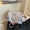 Silver-gray fabric crossbody bag with wide buckle strap and functional side zippers - Blue