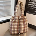 Fuzzy purple and brown plaid faux fur tote bag with a drawstring closure and wide strap - Style 1 Plaid / Pink