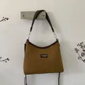 Brown suede minimalist shoulder bag with trapezoid design and dark brown leather trim - Small / Yellow Brown