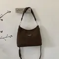 Minimalist dark brown suede baguette bag with leather trim and adjustable shoulder strap - Small / Brown