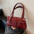 Bolso de hombro vintage de gran capacidad en cuero plisado rojo oscuro para mujer - Burdeos