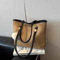 Brown large capacity tote bag with black handles and white fuzzy ball keychain - Brown with Pendant