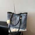 Gray-blue distressed tote bag with black leather handles and white plush sheep charm - Blue with Charm