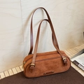 Retro dark brown suede Boston bag with adjustable straps and vintage metal buckles - Brown