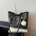 Minimalist dark gray matte tote bag with thin black straps and a plush charm - Black With Pendant