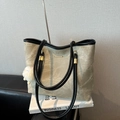Light khaki marble print tote bag with black trim and white faux fur pompom charm - Khaki with Pendant