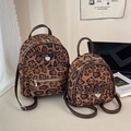 Mini leopard print velvet backpack set with brown leather bows and heart charms - Leopard Brown Large