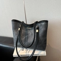 Large dark grey tote bag with vintage matte leather texture and gold hardware - Black without Pendant
