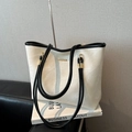 Chic cream tote bag with black trim and golden accents for stylish business commuting - White Without Pendant