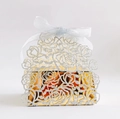 Detail of laser-cut rose pattern wedding favor box with glitter finish and white ribbon - Glitter Silver and Reflective Gold