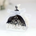 Elegant laser-cut bride silhouette wedding candy box in black and white with white ribbon - Reflective Silver