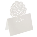Dettaglio dell'albero tagliato al laser su segnaposto da matrimonio in carta perlata - Avorio