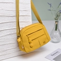 Dettaglio borsa a tracolla in nylon giallo con scomparti multipli a zip e logo metallico - Giallo
