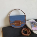 Retro denim saddle bag with brown leather trim and golden metal buckle details - Brown