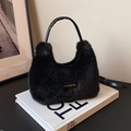 Faux fur handbag in black with love every day tag and rounded leather handles - Black
