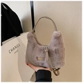 Taupe plush faux fur crossbody bag with adjustable strap and love every day metal tag - Brown