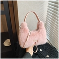 Pink plush faux fur handbag with leather handle and detachable strap for autumn winter - Pink