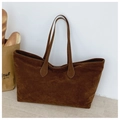 Détail d'un grand cabas vintage en cuir mat marron avec de fines anses d'épaule - Marron
