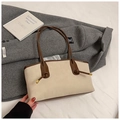 Cream and brown patchwork tote bag with long leather handles and gold metal details - Rice White (No Pendant)