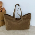Minimalist large brown suede tote bag with long double straps for commuting and daily use - Khaki