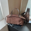 Brown suede large capacity pillow handbag with Panitoor brand embossing and gold hardware - Brown